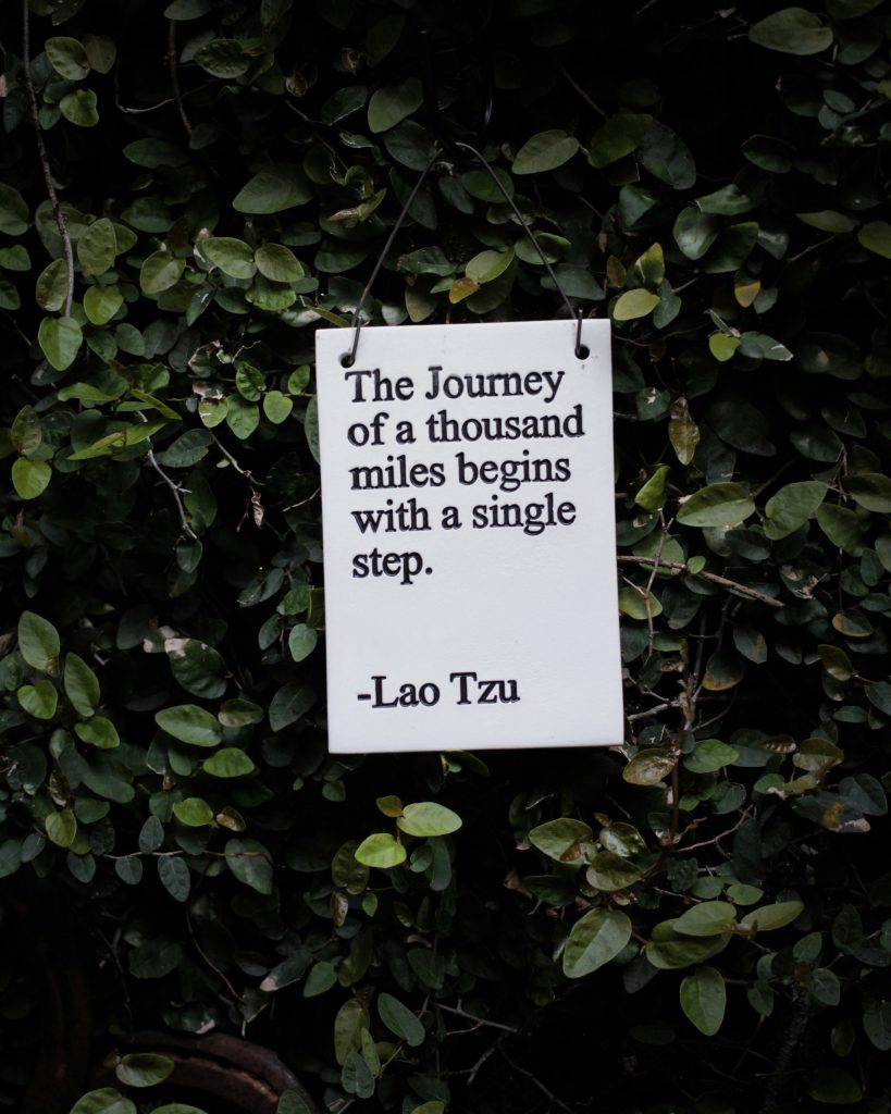 Schild vor efeuberankter Wand mit Lao Tzus 'the journey of 1000 miles begins with a single step', motiviert zum ersten Schritt in Beratung und Transformation.
